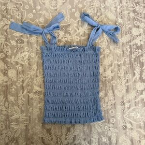 Anthropologie Smocked Blue Tie-Strap Tank Top XS – Cottagecore Ruffle Camisole